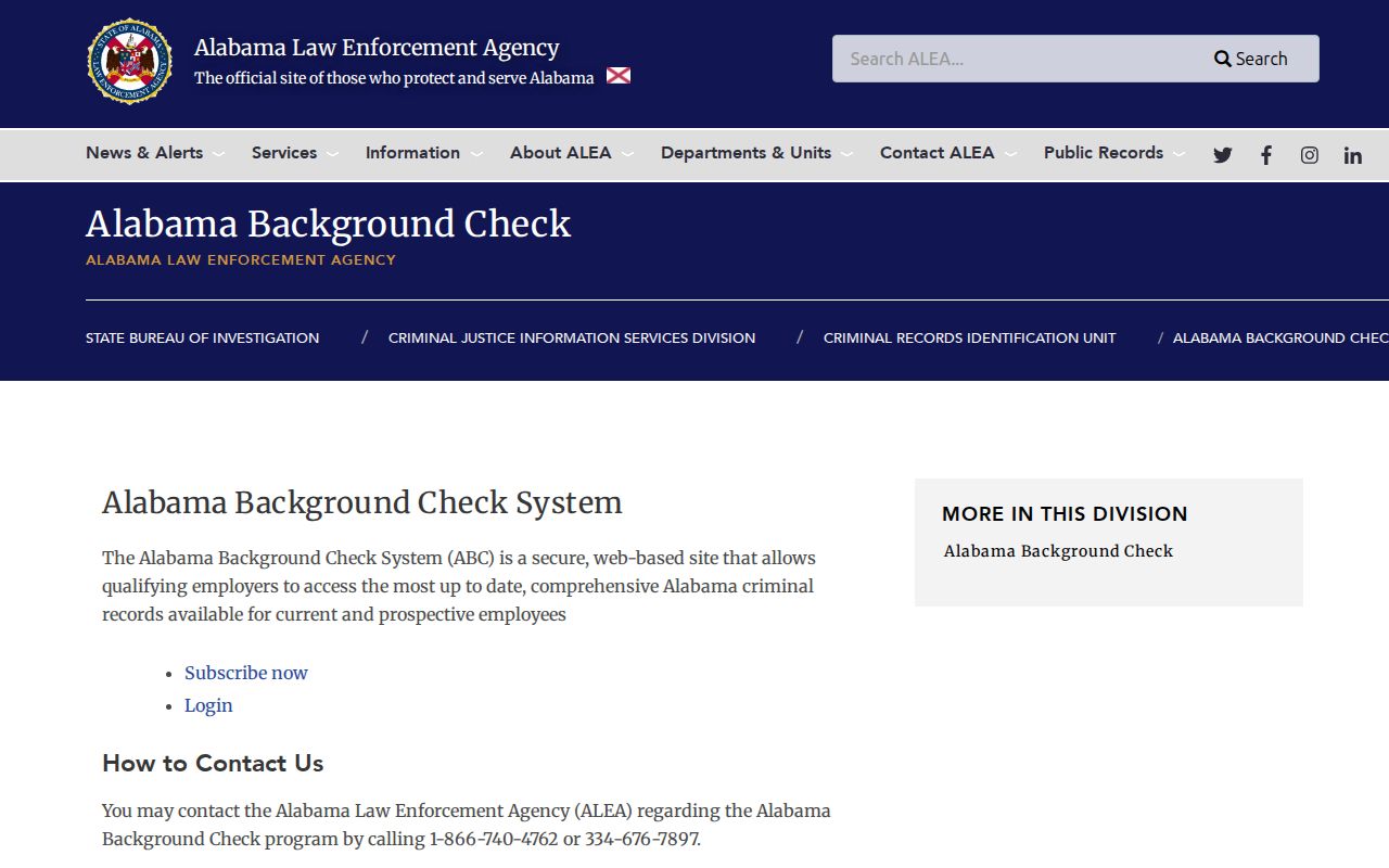 ALEA Alabama Background Check information page