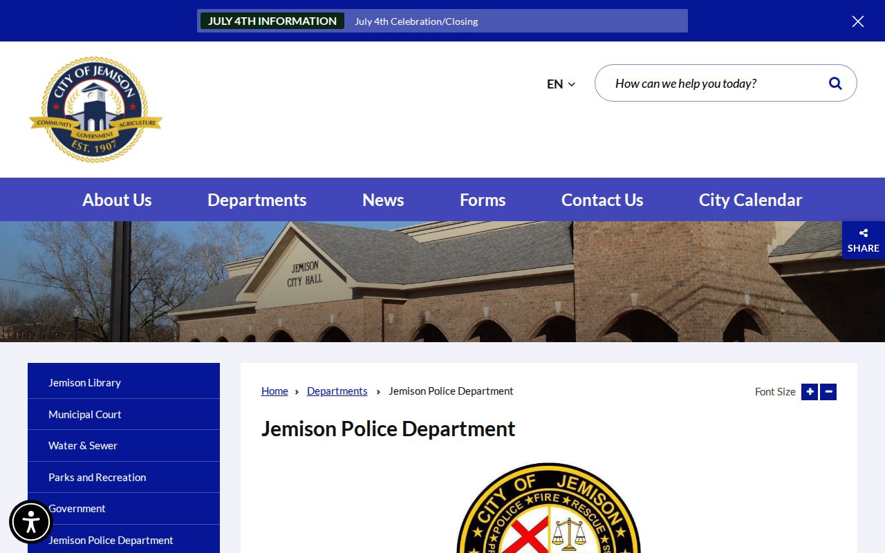 Jemison criminal records and Police Department contact information